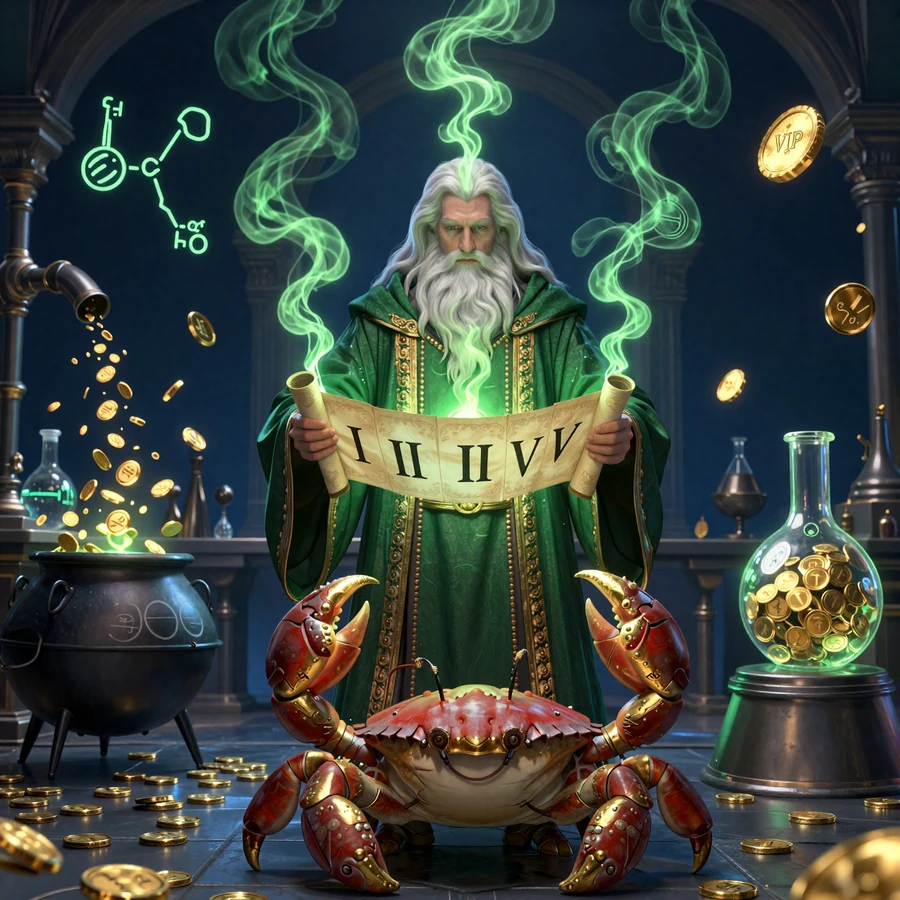 VIP-Pfad starten - der Hohe Alchemist erwartet dich - alchemistische Szene mit Professor und Bonus Crab im CasinoLab Casino