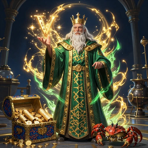 Stufe V - Hoher Alchemist - alchemistische Illustration mit Professor und Bonus Crab im CasinoLab