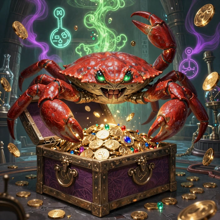 Drops & Wins &euro;210.000 - Bonus Crab bewacht die Schatzkiste - alchemistische Szene mit Professor und Bonus Crab im CasinoLab Casino